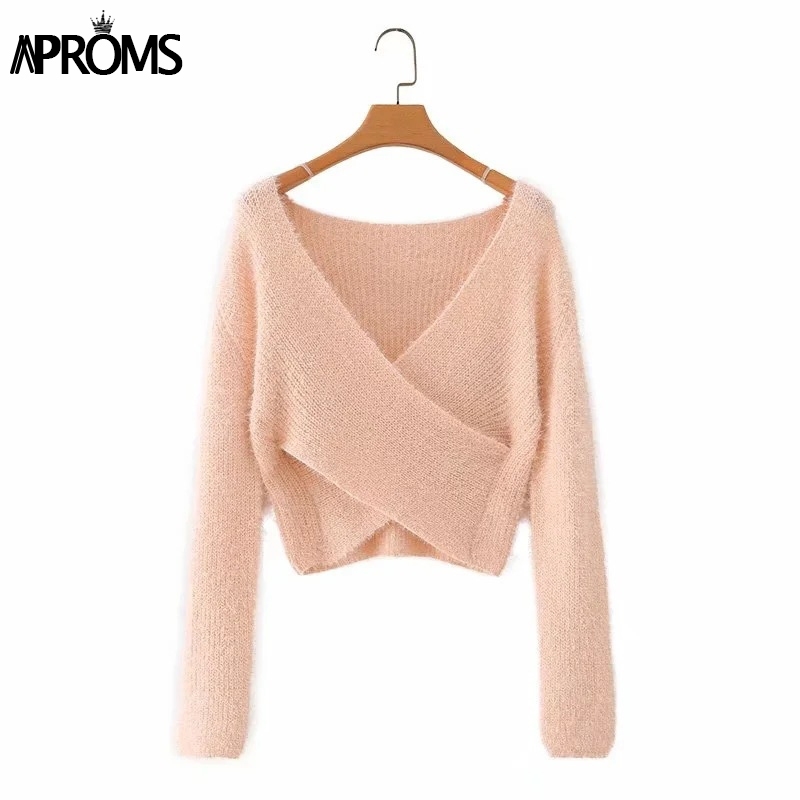 

Aproms Pink Fluffy Knitted Sweater Women Autumn Winter V-neck Wrap Front Basic Cropped Pullovers Fashion Outerwear Jumper 201203, Gray