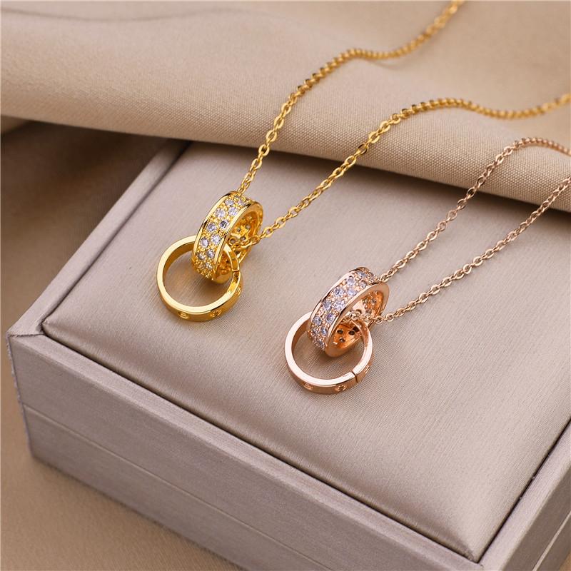 

Pendant Necklaces 2021 Trendy Zircon Inlaid Double Loops Cross Women Ladies No Fade Stainless Steel Clavicle Chain Jewelry Gift, Silver