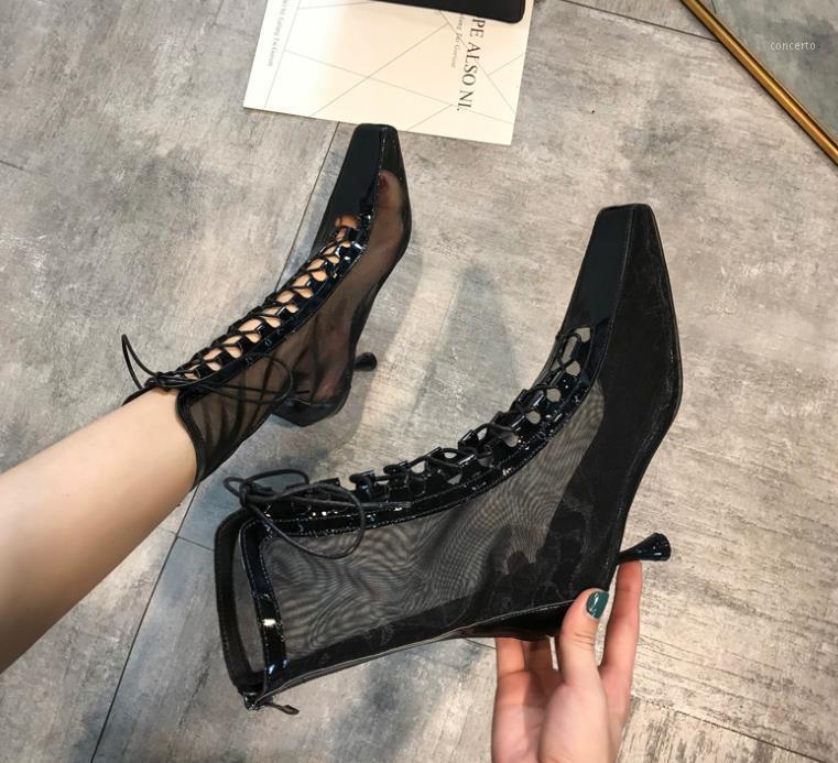 

2021 new spring square head mesh binding tube transparent high heel1, Black
