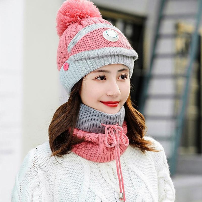 

Women'S Knitted Hat Scarf Caps Neck Warmer Winter Hat for Ladies Girls Warm Fleece Caps, Black