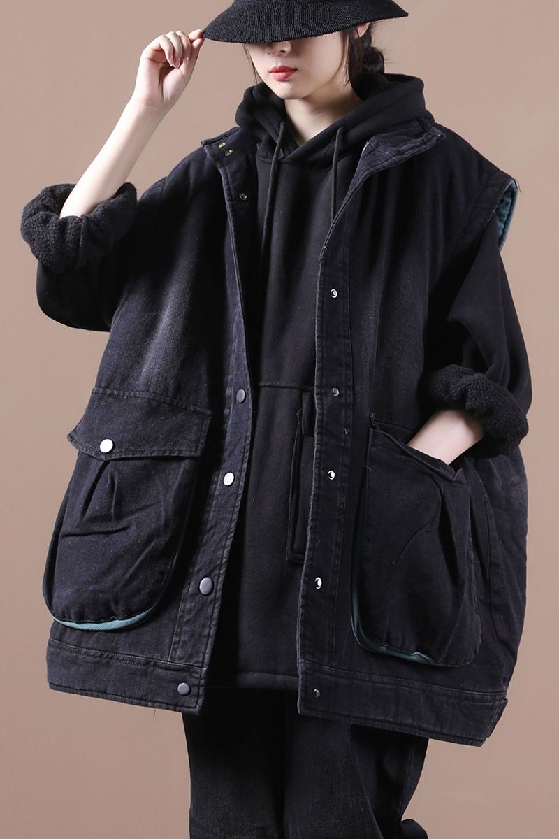 

Female new winter korean style plus size literary retro distressed thick loose denim cotton vest, Black