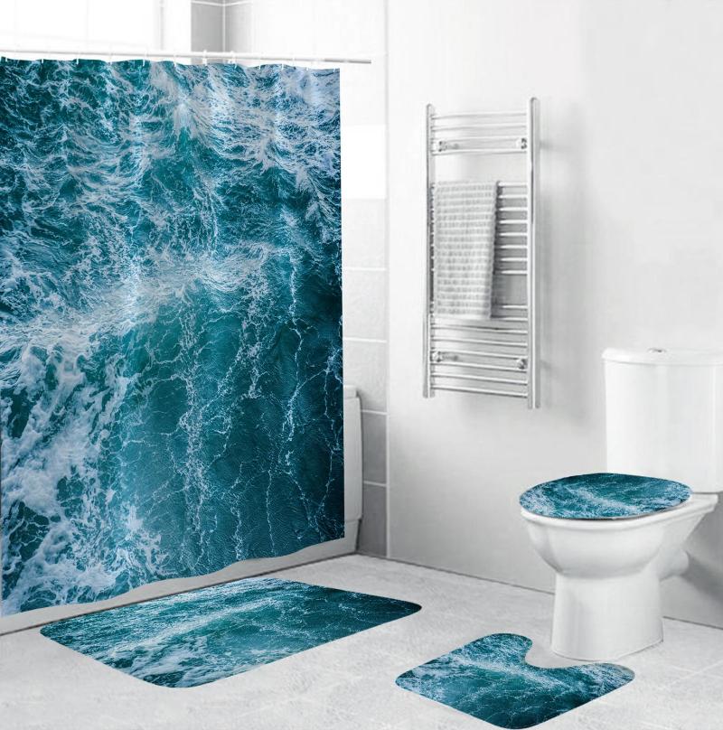 

4 Pieces/Set Of Designer Wave Print Shower Curtain Bathroom Toilet Seat Washable Non-Slip Floor Mat Set