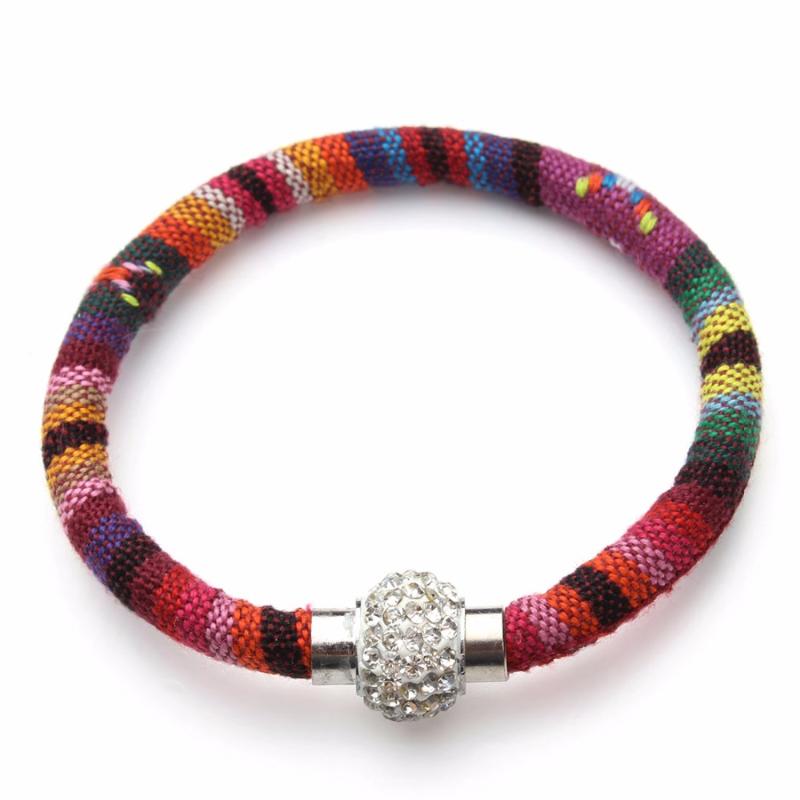 

LOULEUR Bohemian Handmade Multicolor Cotton Crystal Magnet Snap Button Bracelet for Women Ethnic Leather Bracelet Snap Jewelry