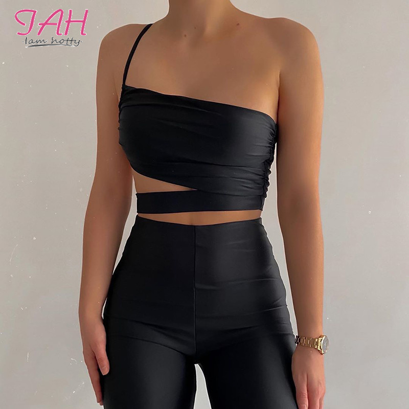 

IAMHOTTY One Shoulder Strappy Camis Tops Tees Sexy Backless Sleeveless Spaghetti Strap Women Summer Streetwear Solid Crop Top Y200701, Black