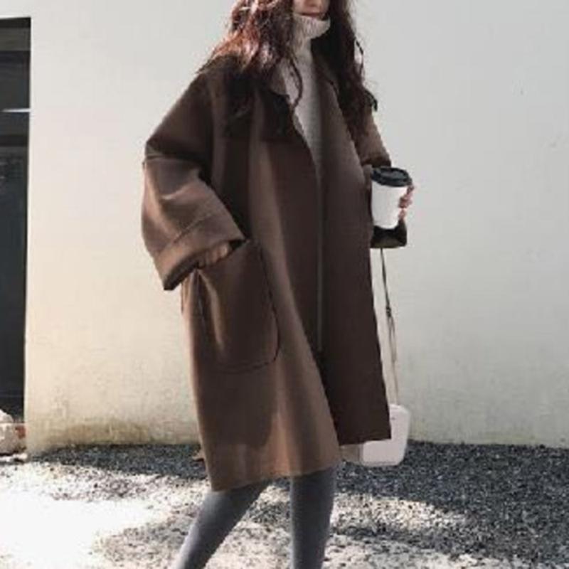 

Korean Version Japanese Overcoat Loose Autumn Winter Fashion Pocket Lapel Long Sleeve Woolen Cloth Topcoat, Beige