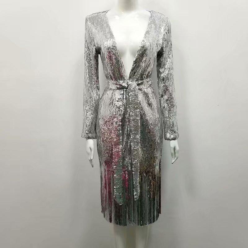 

Sliver Fashion Women Jackets Long Sleeves Knee Length Celebrity Sequined Women Elegant Jacket With Belt, Silver
