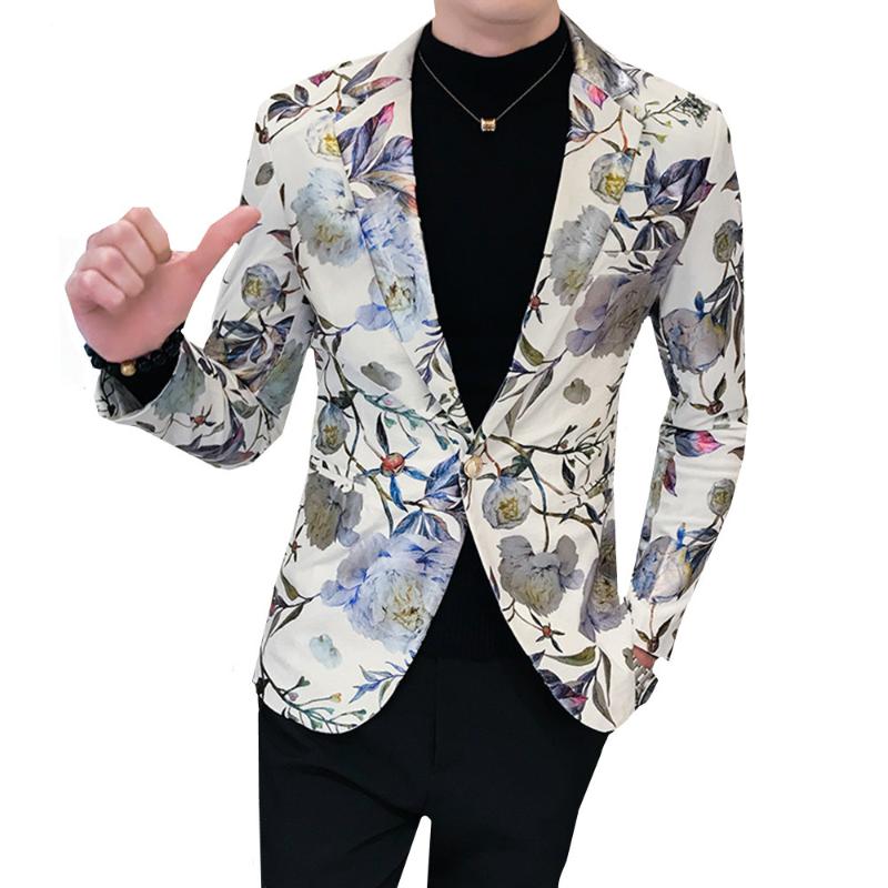 

New Men Luxury Flowers Allover Printing Prom Suit Blazers Single Button Party Male Nightclub Slim Fit Wedding Dress Jacket Coat, Black