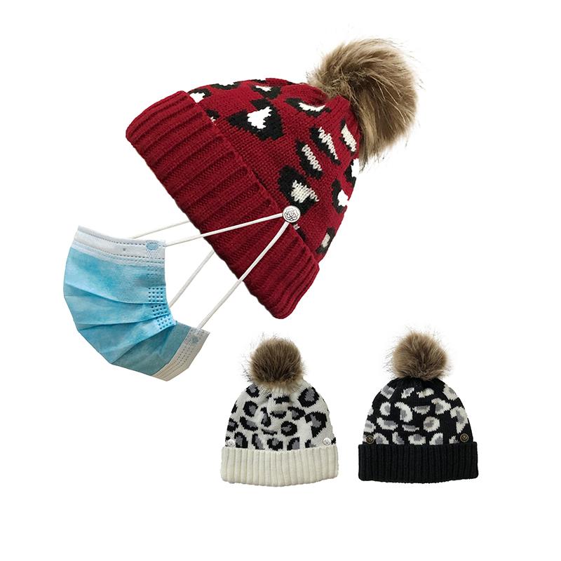 

Elegant Leopard Printed Can Hang Masks Hat Fashion Plush Hairball Knitted Hats For Women Outdoor Autumn Winter Warm Wool Cap, White