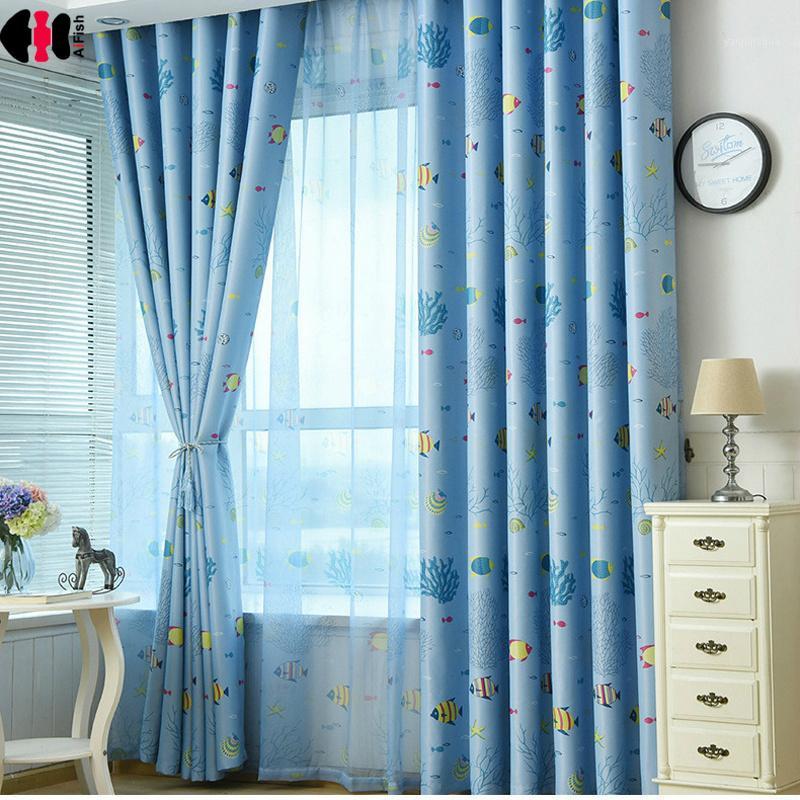 

Cartoon Fish Sea Coral Print Curtain Mediterranean Kids Boys Girl Study Living Room Door Bedroom Drapes Panel wp216C1, Blue tulle