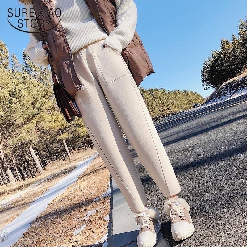 

fashion winter high waist women' Harem Pants woolen women plus size casual solid warm female long women Trousers 1787 50 201109, Beige