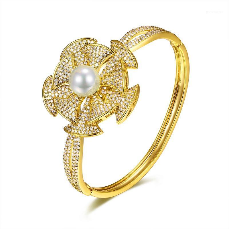 

Luxry Big Cubic Zirconia Flower Open Bangle Charm Bracelets For Women Jewelry Gift High Quality 18-k-golden Gold Free Shipping1