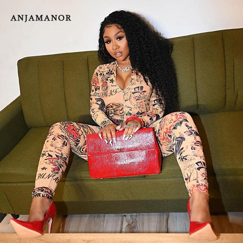 

ANJAMANOR Goth Aesthetic Printed Front Zip Long Sleeve Bodycon Jumpsuit Women Winter 2020 Sexy Club Outfits for Woman D87-CF29, Khaki