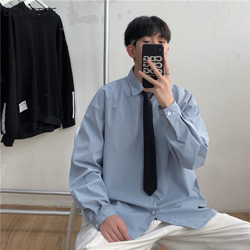 

Men Shirts Couples Loose Simple Solid Man Clothing with Tie Male Ins Chic Korean Preppy Style Leisure Streetwear Daily Classic, Black