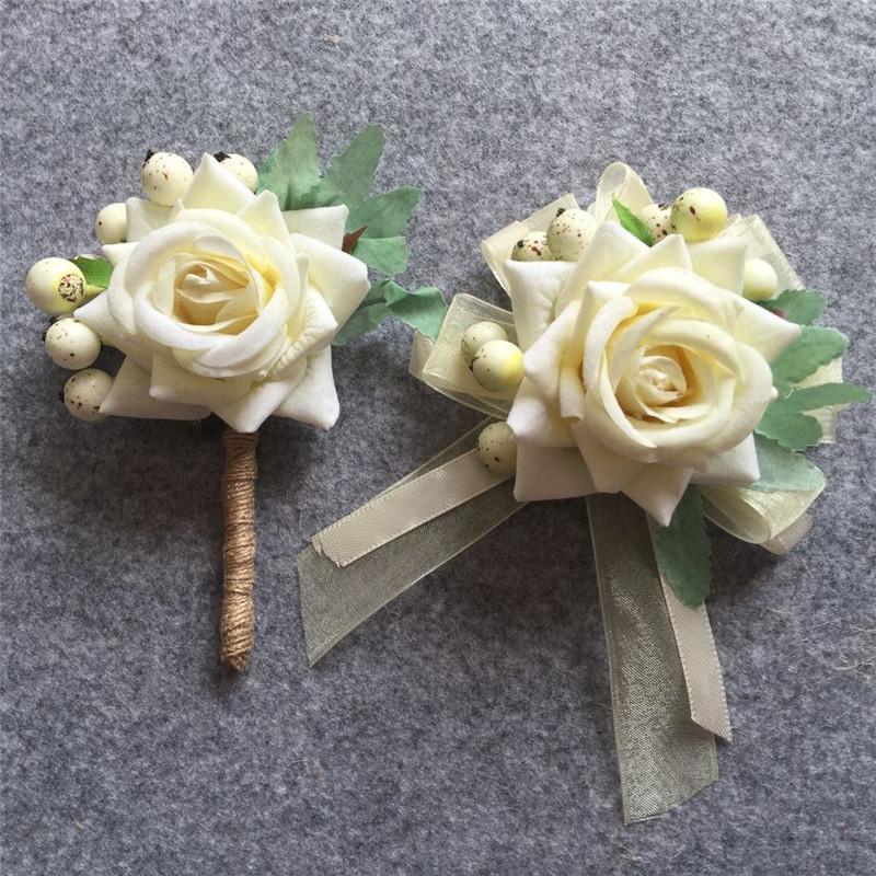 

Ivory Groom Boutonniere Bride Wrist Corsage Artificial Hand Wedding flower Bouquet Accessories Party man Suit Decoration, Ivory wrist corsage