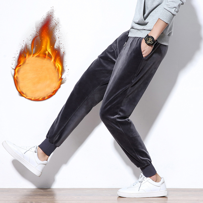 

2019 thick gold fleece jogger cotton men's pants super hot winter silver velvet fox runner's sweatpants, Black