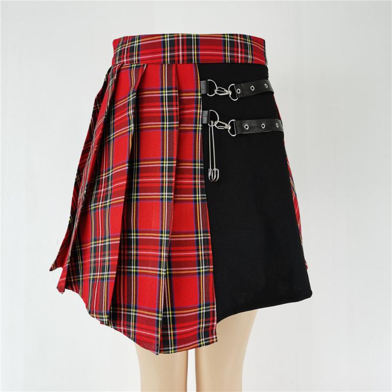 

Gothic Style Plaid Irregular Skirts Women Asymmetrical High Waist Pleated Mini Skirts Female Punk Skirt Goth Skirt, 9501