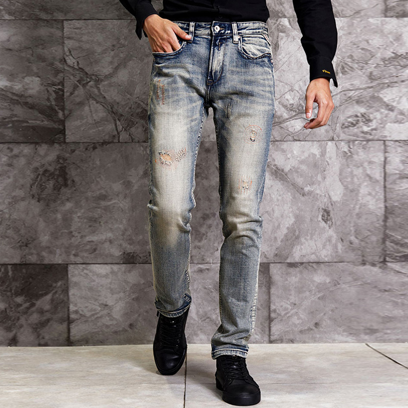

2021 New Fashion Streetwear Retro Blue Slim Fit Patchwork Ripped Men Vintage Designer Denim Pants Hip Hop Jeans Homme Nmzs