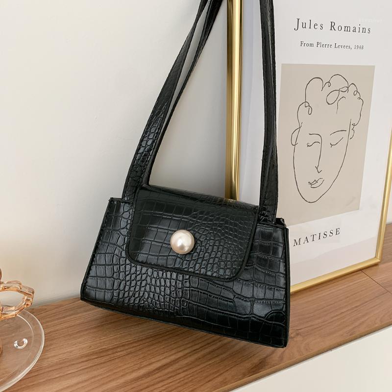 

Vintage Stone Pattern Women Handbag Female PU Pearl Flap Tote Shoulder Bag1, Black
