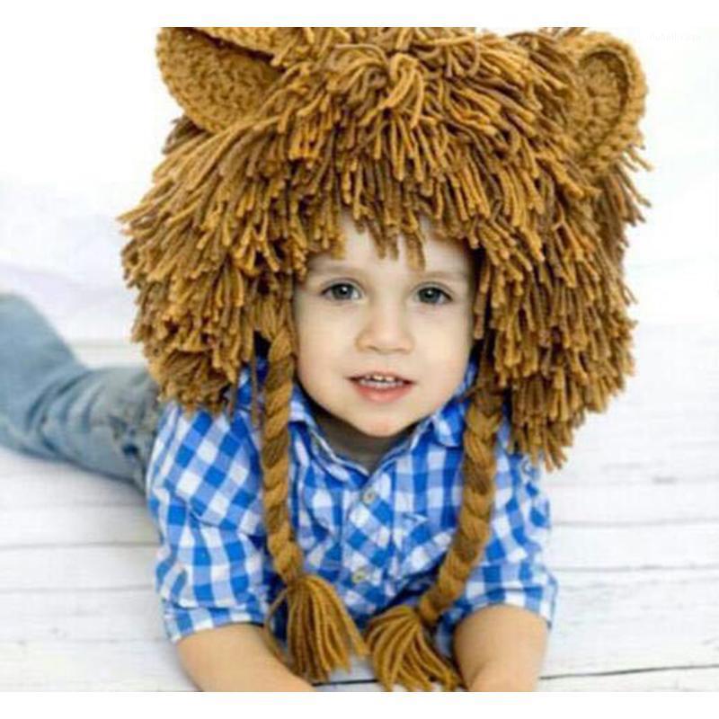 

Autumn Winter Baby Wig Hat Knitted Handmade Toddler Kids Lion Hat Caps Boys Girls Cosplay Party Fun Beanie Halloween1, Khaki