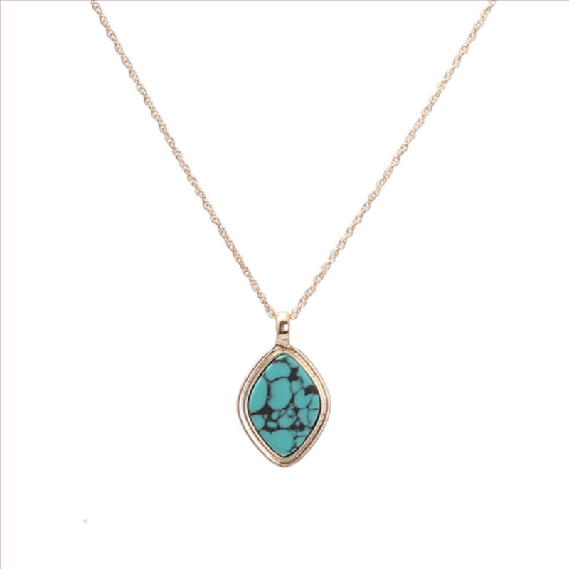 

Light Yellow Gold Color Abalone Shell Rhombus Pendant Link Chain Necklace Green Turquoises Stone Jewelry