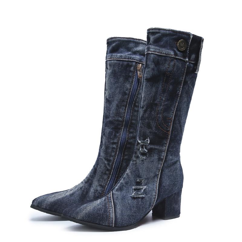 

2020 Fashion Women Boots Denim Mid-calf Spring Autumn Boots Shoes Lady Sexy Pointed Toe Long Comfort zapatos de mujer, Black