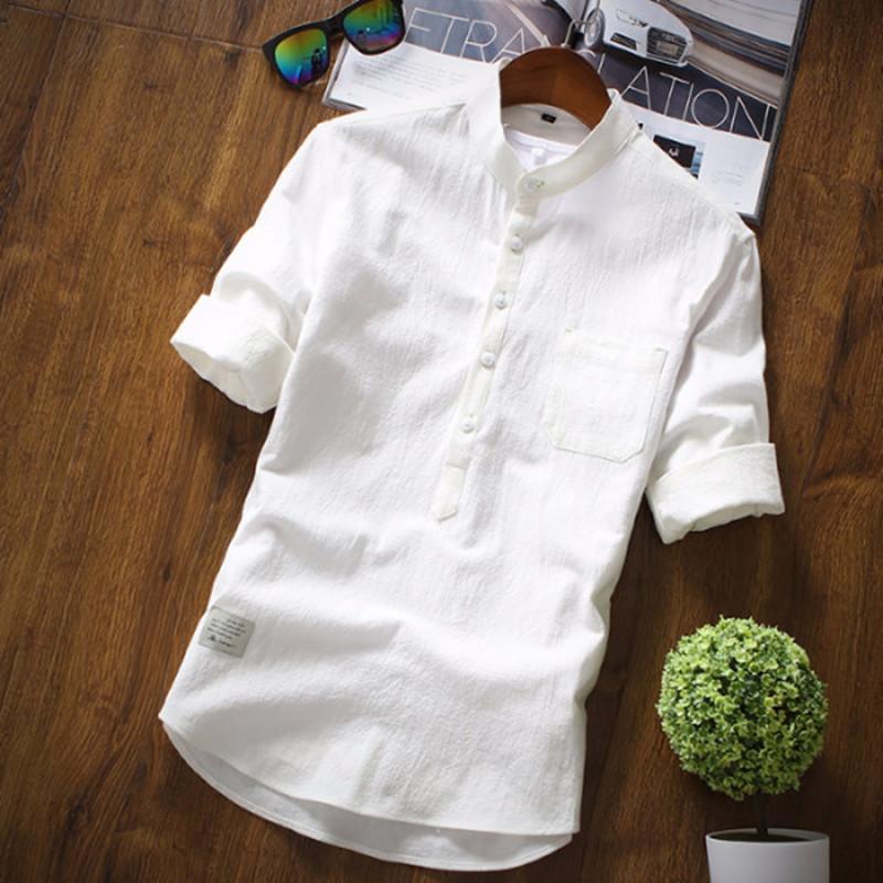 

5 color 2020 New Cotton Linen Men's Chinese stand collar Slim Three quarter Shirts Fashion Solid Color casual Shirt S-3XL, S20 light blue