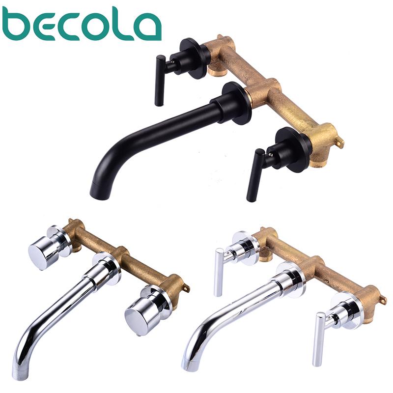 

BECOLA Brass Wall Mounted Basin Faucet Bathroom Mixer Taps Black/Chrome 2 Handle Sink Taps Bathroom Sink Faucet Hot Cold Tap