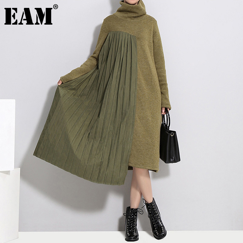 EAM Women Asymmetric Pleated Spliced Knitting Dress Turtleneck Long Sleeve Loose Fit Fashion Spring Autumn 1DD1123 201125Z
