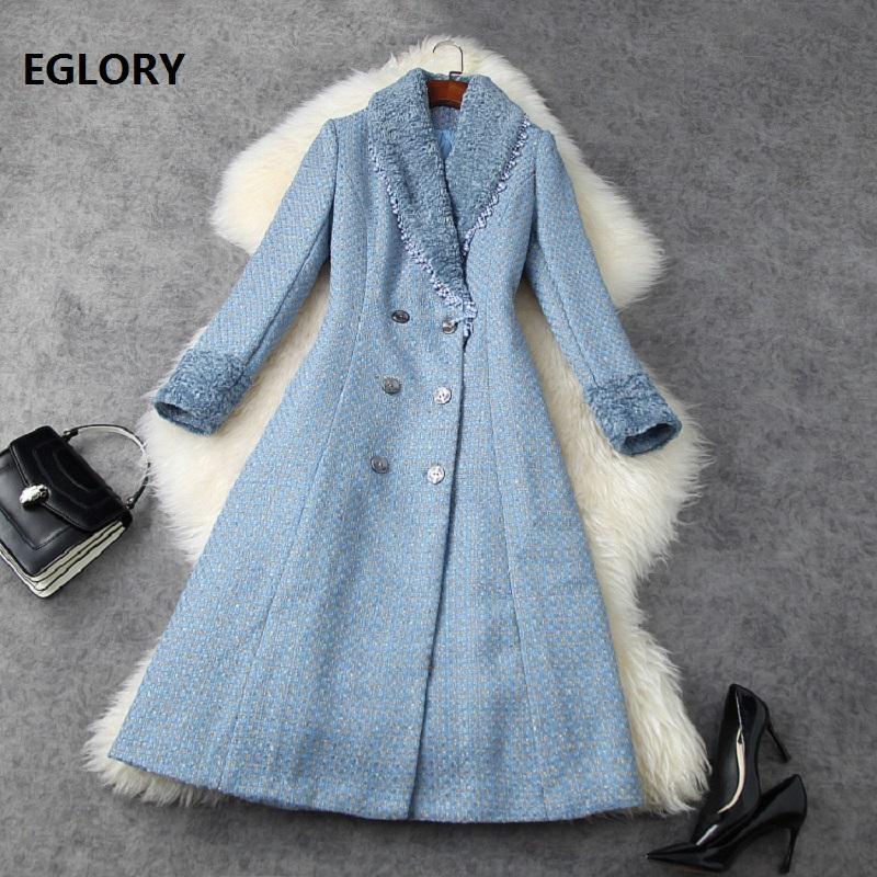 

Wool Blend Coats 2021 Winter High Quality Outerwear Coat Women Turn-down Collar Double Breasted Casual Vintage Woolen Overcoats, Blue