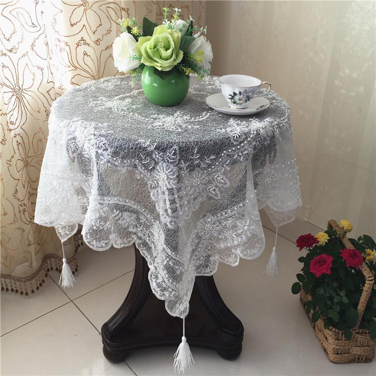 

Square 80cm European Luxury Embroidered Lace Beaded Tablecloth Coffee Table Cloth Placemat Lamp Christmas Decoration Tapete1, White