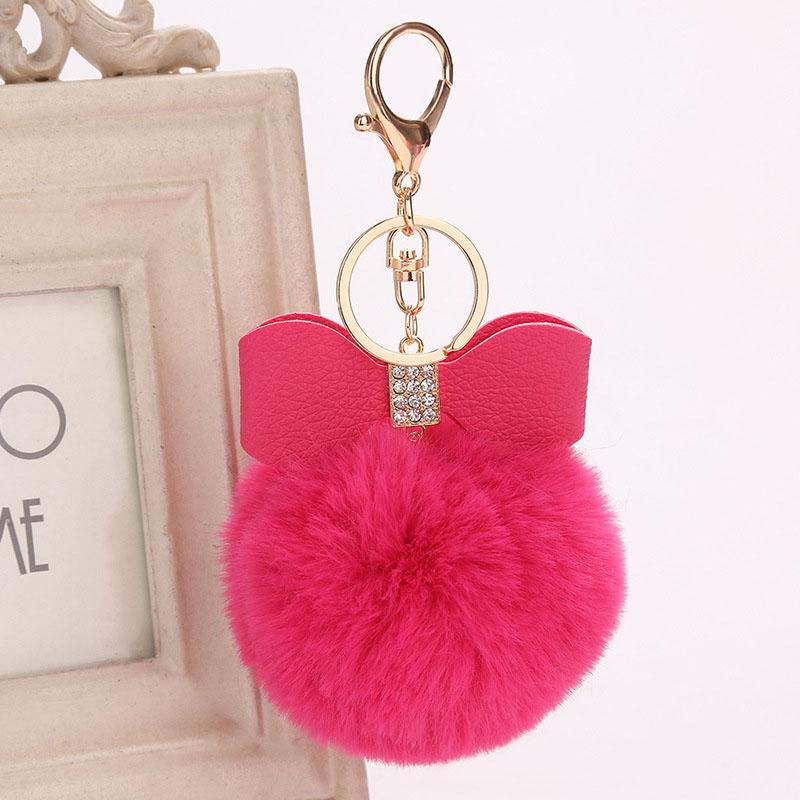 

Girls Cute Plush Ball Keys Ring Women PU Leather Bowknot Key Chain Ladies Luxury Shining Rhinestone Car Keychain Key Holder