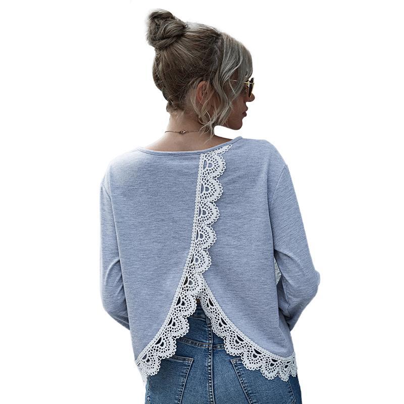 

Split Sweatshirts Women Casual Lace Long Sleeve V-neck Autumn Sweatshirt For Women Hollow out Sweatshirt Woman Warm Tops, Gray