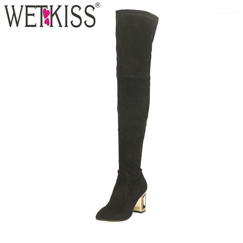 

WETKISS Brand Designer Super High Birdcage Heel Over The Knee Boots Genuine Leather Suede Autumn Winter Boots Zip Shoes Women1, Black
