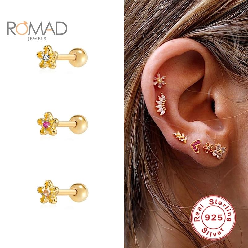 

ROMAD 1PCS 925 Sterling Silver Girls Small Daisy-shaped Threaded Perforated Earrings Diamond Stud Earrings Women Bijoux Femme