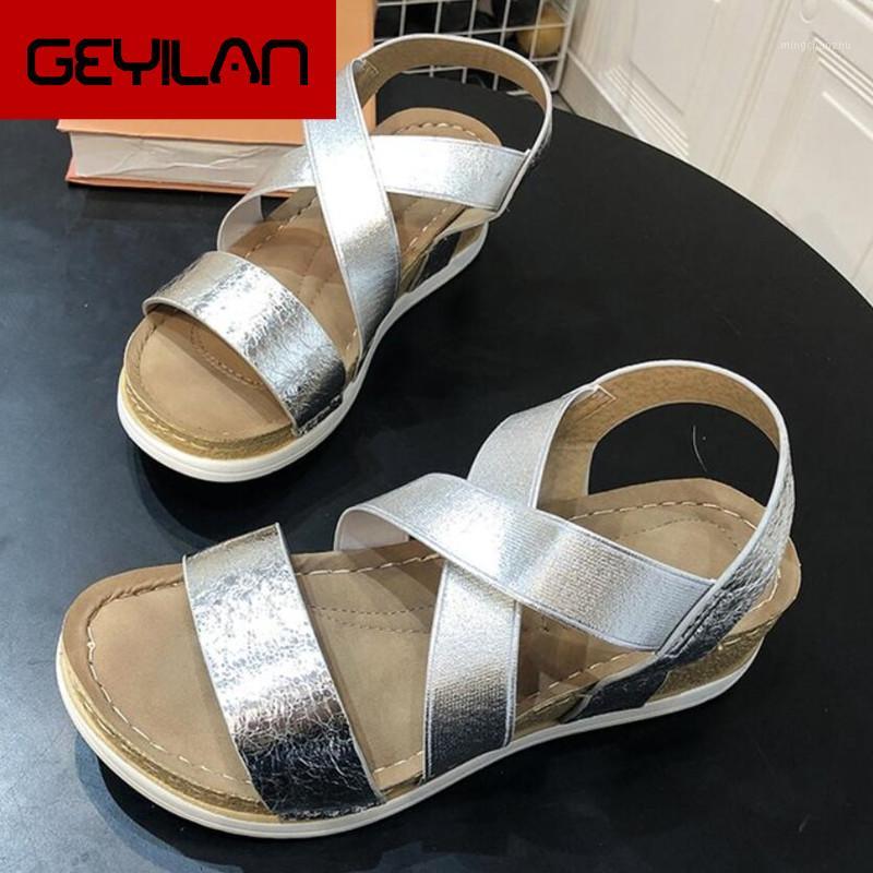 

2020 summer new Simple wedge fish mouth shoes women large size hollow sandals thick bottom muffin casual Roman women's shoes1, Gold