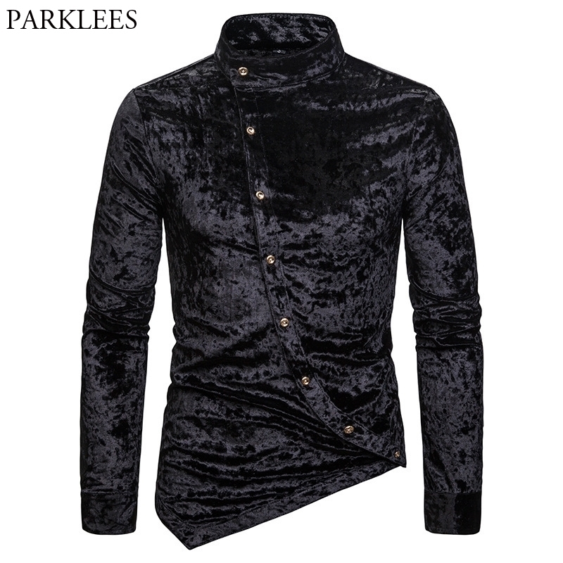

Black Velvet Velour Tuxedo Shirt Men Autumn New Banded Collar Irregular Hem Slim Fit Mens Dress Shirts Camisa Masculina LJ200928, White;black