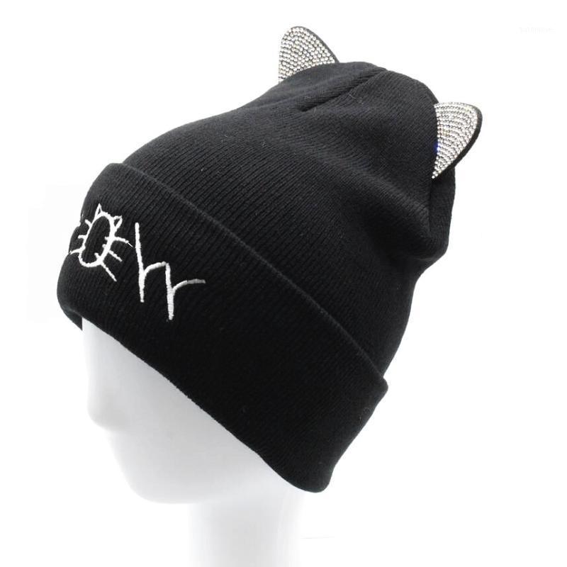 

Girls Animal Letter Embroidery Beanie Knit Warm Black Heather Grey Winter Hat Cat Ears 2020 New Women Stone Beanie1