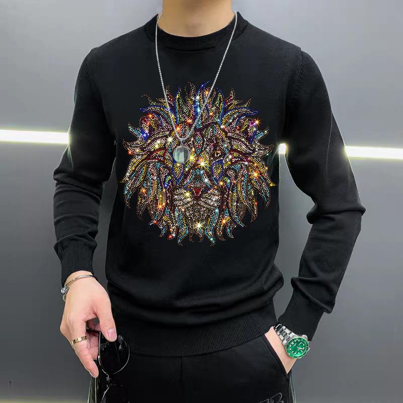 

Youth Night Market Diamond Shining Fashion Thick Oversized Pullover Brand Knitted Men's Sweater Big Lion Street, As shown asian size