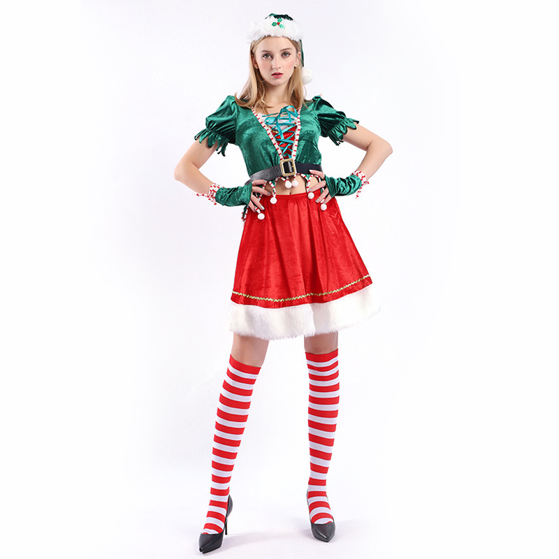 

2021 New Beautiful Women's Red Cosplay Elf Top Christmas Dress and Skirt 5 Piece Set Stage Performance Costume B899