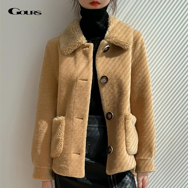 

GOURS Winter Genuine Shearling Jackets for Women Fashion Natural Wool Real Fur Overcoats Thick Warm 2020 New Arrival LD2005, Beige