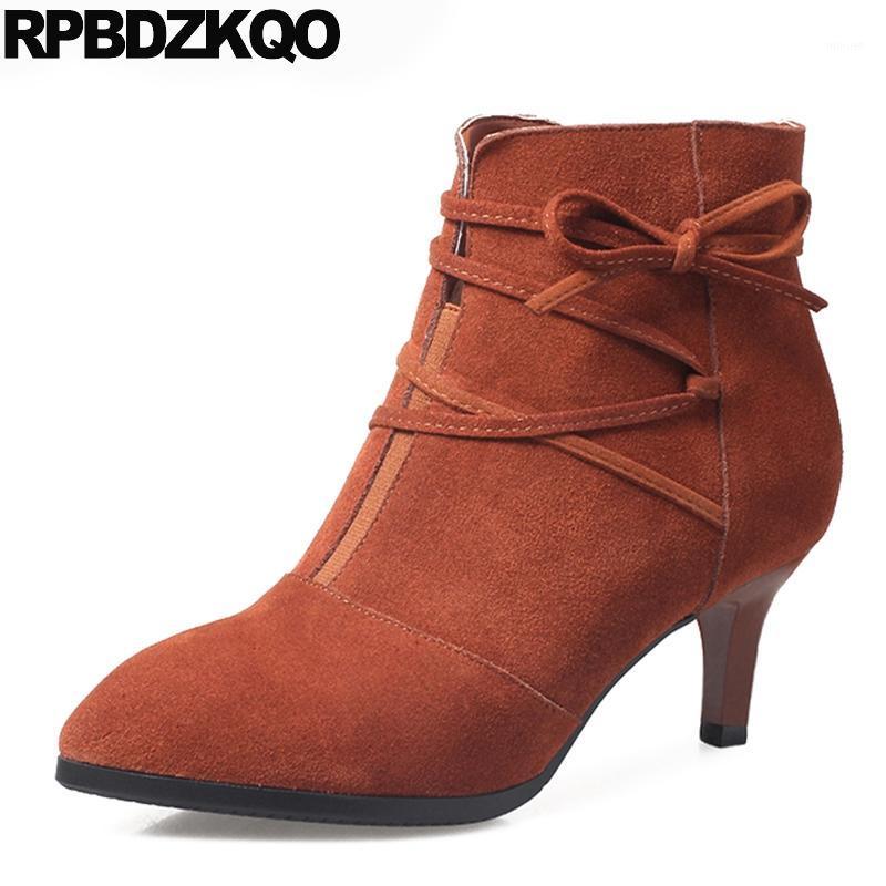 

Fall Suede Bow Autumn Winter Size 34 Fur Pointed Toe British Female Side Zip Boots Brown Stiletto Ankle Booties High Heel Lace1, Brown 5.5cm