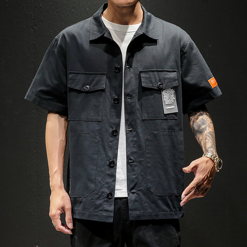 

2021 Summer New Fashion Size Male Work Done with Big Pocket Tools Short Sleeve Cotton Authentic Shirt Agki, Creamy-white.