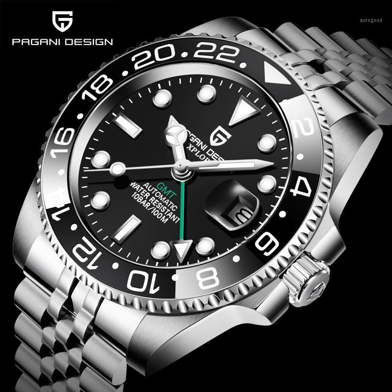 

Wristwatches PAGANI DESIGN Men Stainless Steel Watch Sapphire Crystal Ceramic Bezel GMT Automatic Mens Watches Luxury Mechanical Wristwatch1, Black