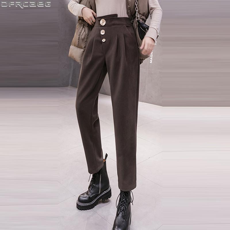 

New High Waist Black Brown Woman Pants Vintage Slim Winter Warm Woolen Harem Pants Women Casual Thin Legs Korean Button Trousers