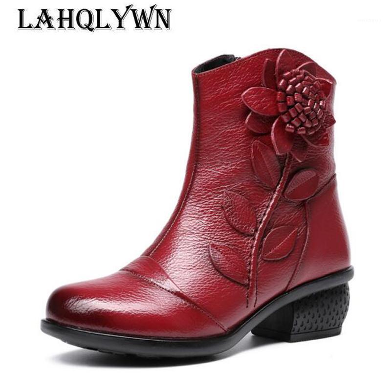 

Genuine Leather Handmade Flower Women's Ankle Boots Autumn Winter Vintage Women Shoes Retro Mid Heel Boots C2671, Black