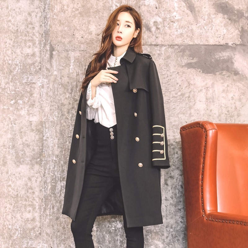 

2021 New Female long breasted military outwear streetwear coat trench manteau femme traf 3GCZ, Black
