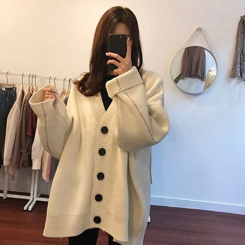 

Women's cardigan jacket cardigans sweater oversize loose beige with low-cut v plus casual size soft button solid color mesh enlargement, Gray