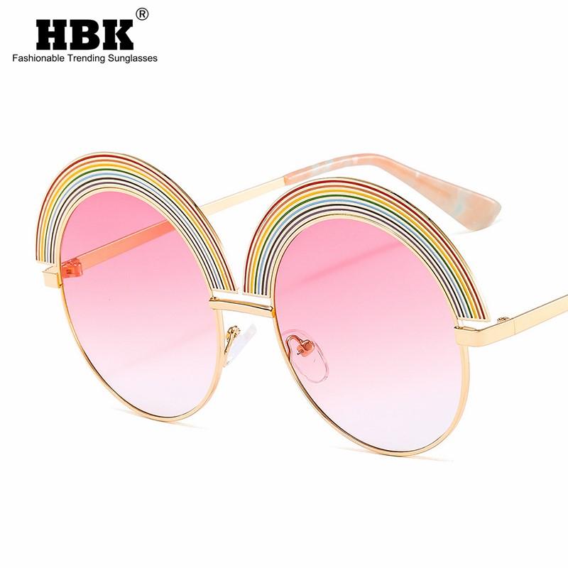 

Sunglasses HBK Fashion Round For Women Men Metal Rainbow Big Frame Personalized Flat Glasses Colorful Lens Ladies Eyewear