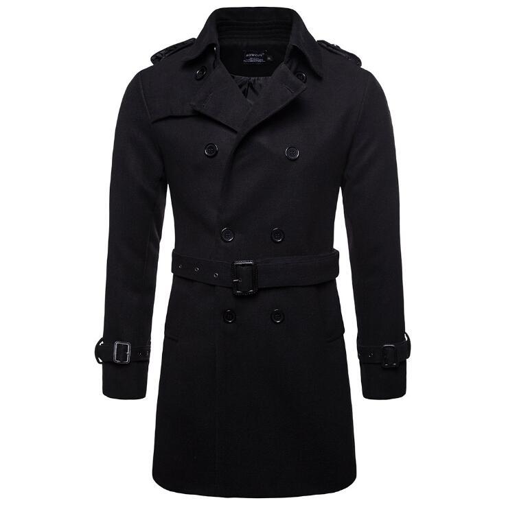 

2021 Winter male Men coat long thick jacket double-breasted woolen windbreaker men' Brand overcoat Tidal belt cashmere jackets, Black