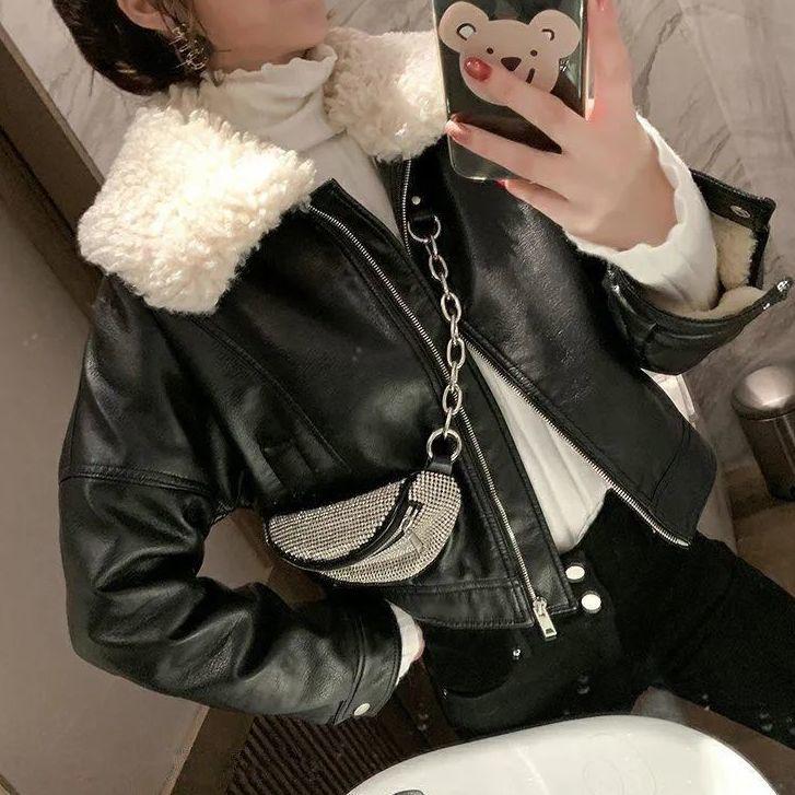 

Heydress Women Winter Warm Faux Leather Coats With Fur Collar Lady Black Motorcycle Biker Short Outerwear Female Lamb Streetwear